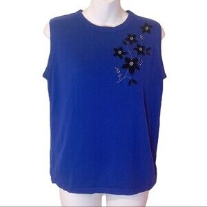 Dressbarn Dark Blue Embroidered Black Flower Sleeveless Sweater Vest Small